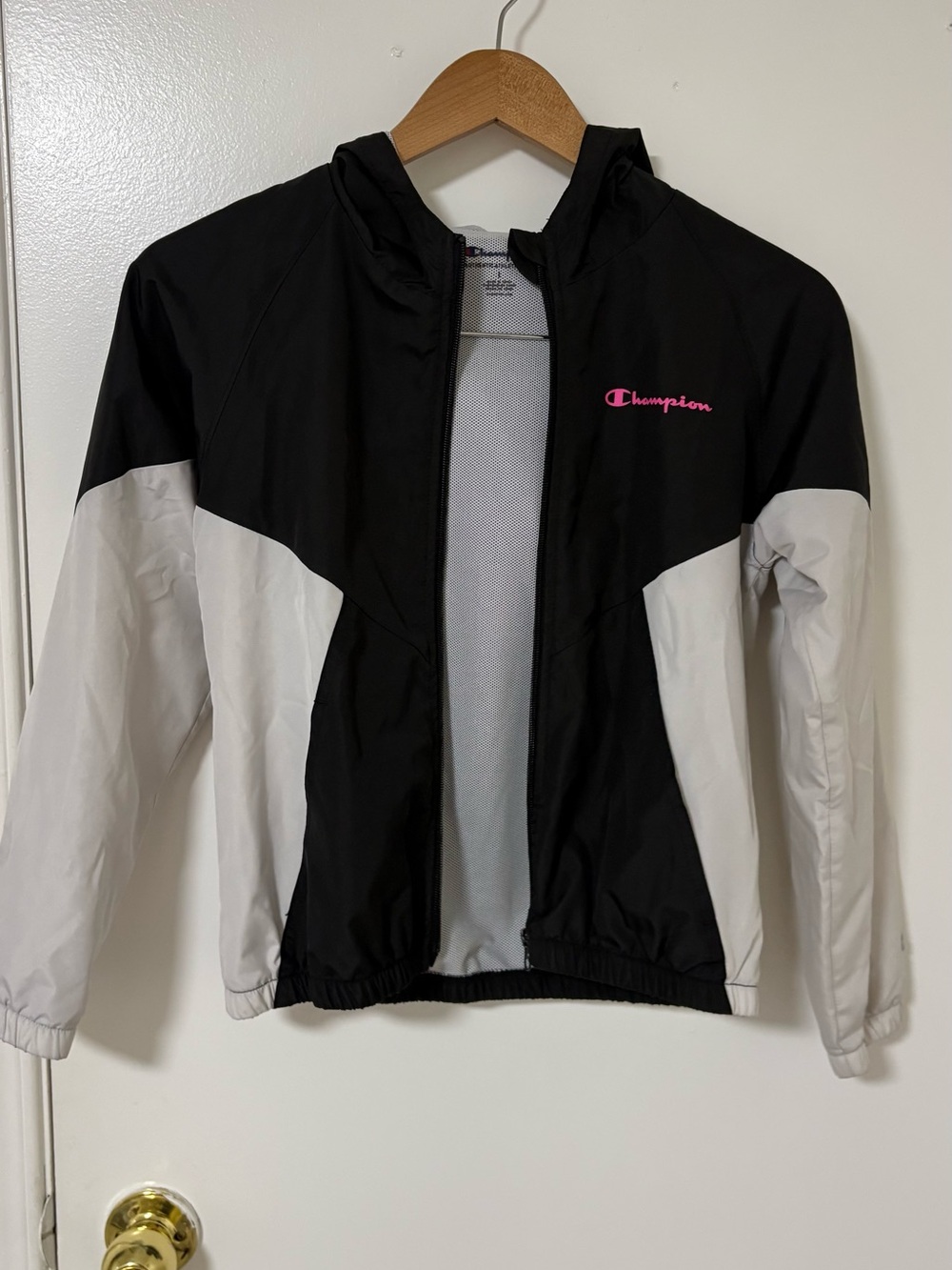 Champion Black & White Kids' Hooded Colorblock Rain Jacket with Pink Logo